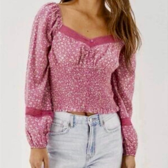 American Eagle Outfitters Tops - American Eagle Outfitters Pink Floral Blouse with Lace & Button Detail